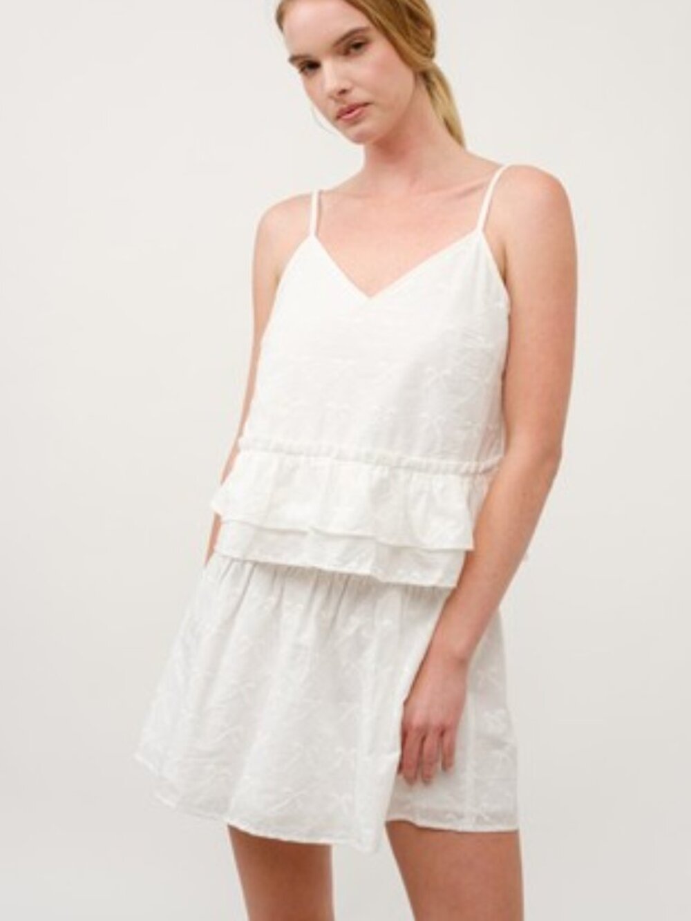B107 White Eyelet Peplum Top & Skirt Set NEW